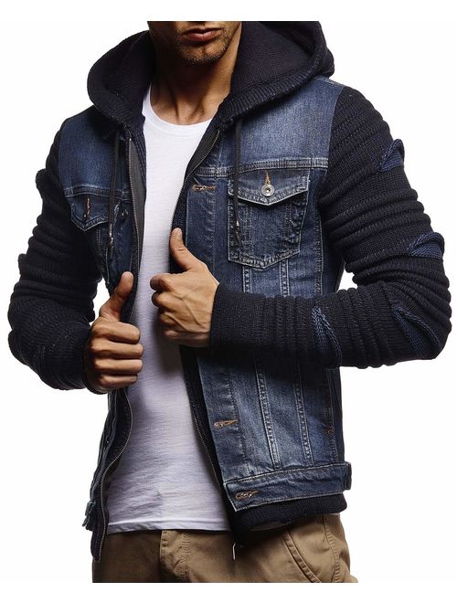 LEIF NELSON Men's Denim Jacket With Knitted Sleeves | Jeans Jacket With Hood | Stylish Jeans Sweater Hoodie LN5755