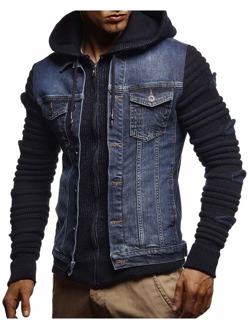 LEIF NELSON Men's Denim Jacket With Knitted Sleeves | Jeans Jacket With Hood | Stylish Jeans Sweater Hoodie LN5755