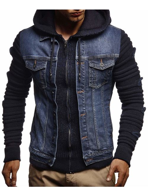 Jeans Jacket With Hood Stylish Jeans Sweater Hoodie LN5755 LEIF NELSON Mens Denim Jacket With Knitted Sleeves