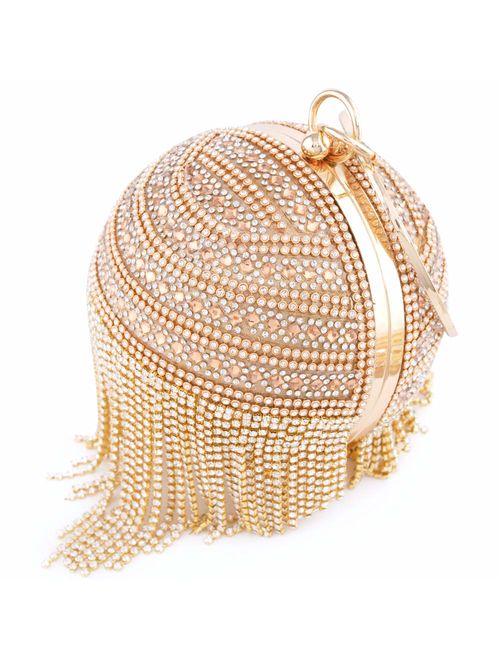 Womans Round Ball Clutch Handbag Dazzling Full Rhinestone Tassles Ring Handle Purse Evening Bag