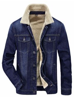HOW'ON Men's Plus Cotton Warm Fur Collar Sherpa Lined Denim Jacket Button Down Classy Casual Quilted Jeans Coats Outwear