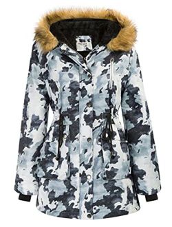Womens Hooded Fleece Line Coats Parkas Faux Fur Jackets with Pockets