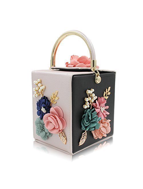 Milisente Evening Clutch Bag for Women Floral Square Box Evening Bags Crossbody Shoulder handBags Flower Wedding Clutch Purse
