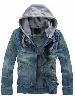 Lentta Men's Slim Fit Zip Up Removable Hooded Drawstring Denim Jean Biker Jacket