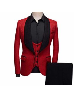 YFFUSHI Men's 3 Piece Suit Slim Fit Jacquard Tuxedo One Button Shawl Collar Jacket Vest & Trousers