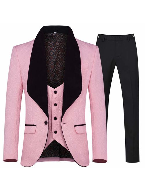 YFFUSHI Men's 3 Piece Suit Slim Fit Jacquard Tuxedo One Button Shawl Collar Jacket Vest & Trousers