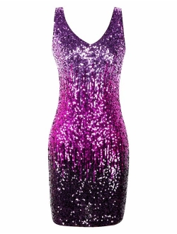 Women's Sequin Cocktail Dress V Neck Bodycon Glitter Party Dress