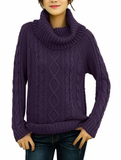v28 Women's Pure Cotton Korean Turtle Cowl Neck Ribbed Cable Knit Long Sweater