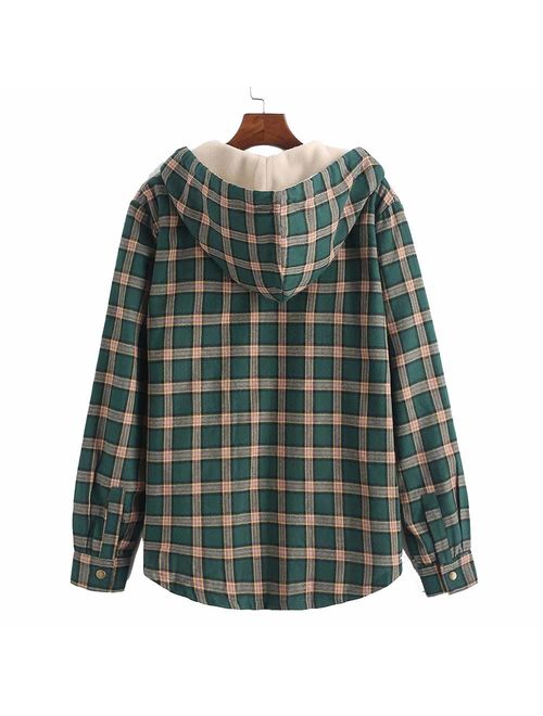 ZAFUL Mens Plaid Flannel Lined Hooded Jacket Long Sleeve Unisex Fuzzy Shirt Coat Tops 
