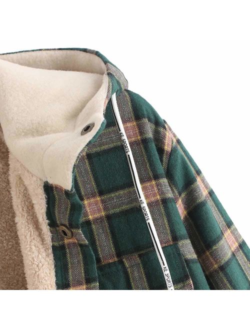 ZAFUL Casual Plaid Fleece Jacket Flannel Lined Unisex Men Drawstring Hooded Fuzzy Hoodie