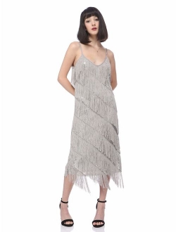 Anna-Kaci Womens Fringe Sequin Strap Backless 1920s Flapper Party Mini Dress