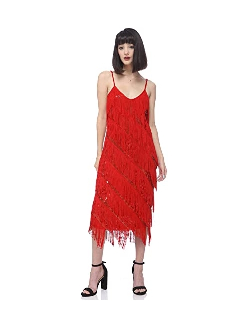 Anna Kaci Anna-Kaci Womens Fringe Sequin Strap Backless 1920s Flapper Party Mini Dress