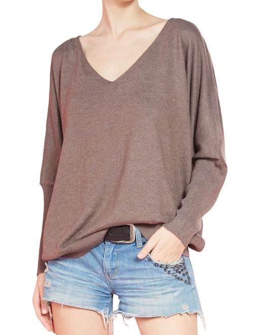 LONGMING Women's Fashion Big V-Neck Pullover Loose Sexy Batwing Sleeve Wool Cashmere Sweater Winter Tops