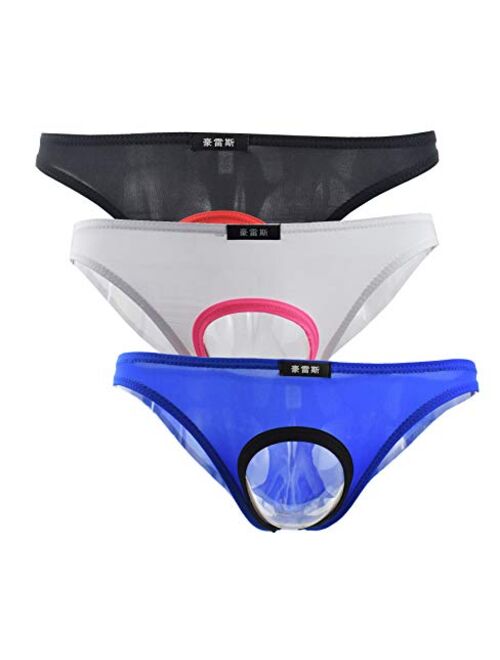 TESOON Men's Sexy Lingerie Low Rise Ice Silk Bikini Briefs Underwear Open Front Sheer Panties