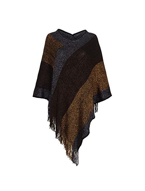 Women's Elegant Knitted Shawl Poncho with Fringed V-Neck Striped Sweater Pullover Cape Gifts for Women Mom