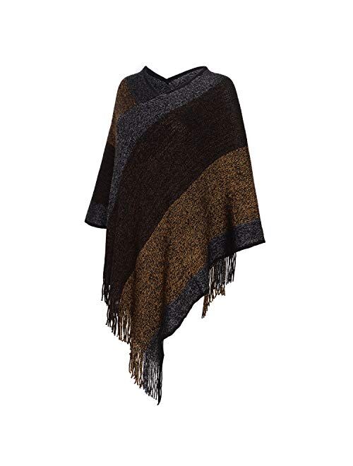 Women's Elegant Knitted Shawl Poncho with Fringed V-Neck Striped Sweater Pullover Cape Gifts for Women Mom