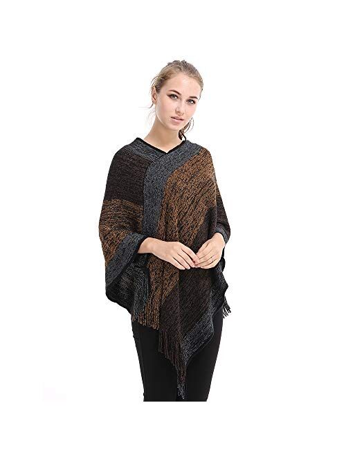 Women's Elegant Knitted Shawl Poncho with Fringed V-Neck Striped Sweater Pullover Cape Gifts for Women Mom