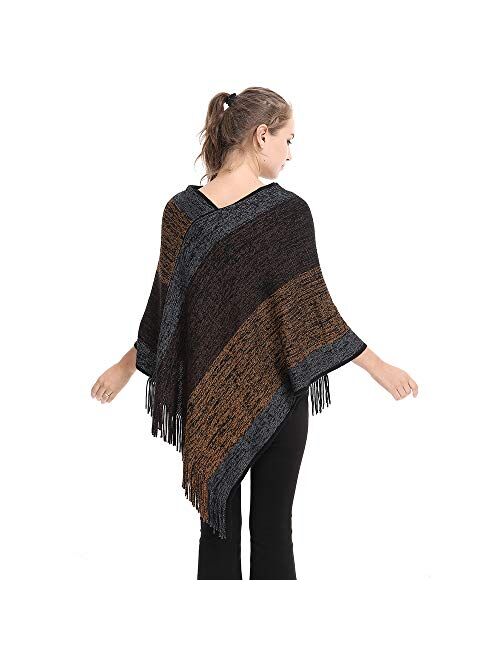 Women's Elegant Knitted Shawl Poncho with Fringed V-Neck Striped Sweater Pullover Cape Gifts for Women Mom