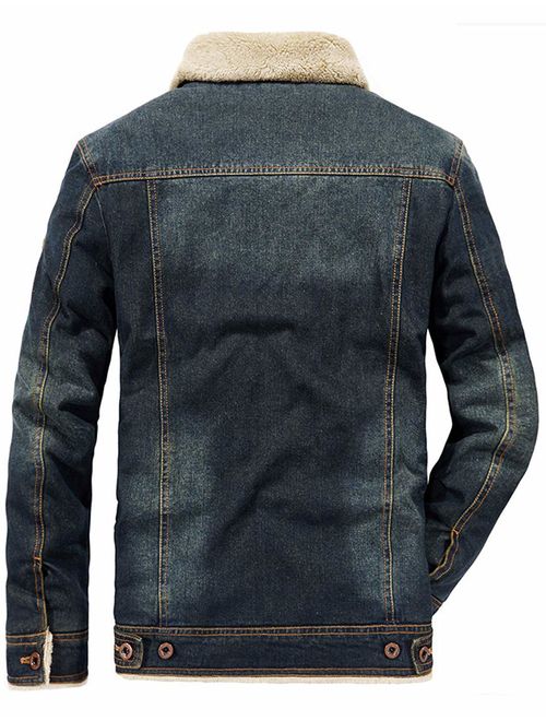 Omoone Men's Button Up Vintage Sherpa Fleece Lined Denim Biker Jacket Jean Coat