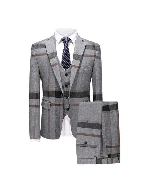 MAGE MALE Men's Plaid Suit Slim Fit 3-Piece Leisure Suit One Button Blazer Dress Business Wedding Party Jacket Vest & Pants