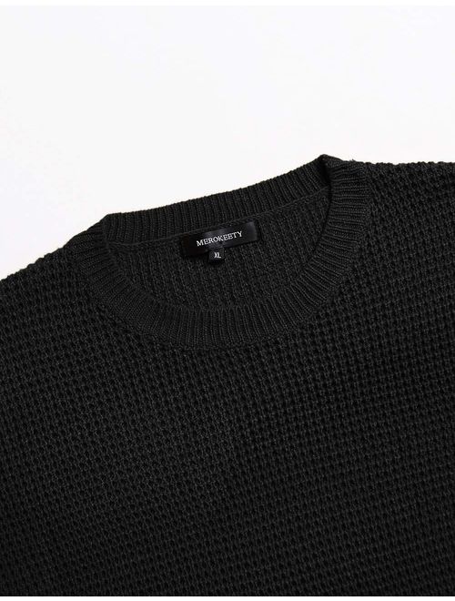 MEROKEETY Women's Long Sleeve Waffle Knit Sweater Crew Neck Solid Color Pullover Jumper Tops