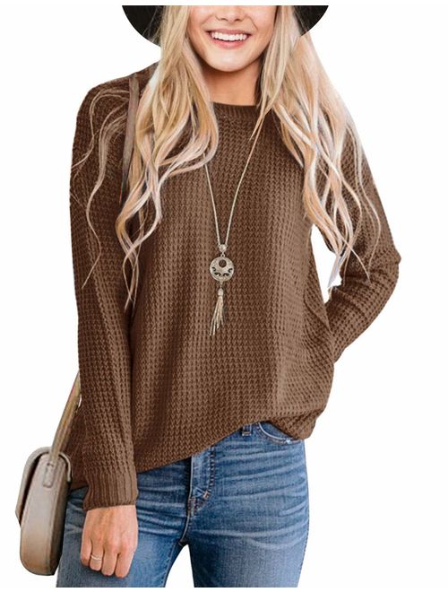 MEROKEETY Women's Long Sleeve Waffle Knit Sweater Crew Neck Solid Color Pullover Jumper Tops