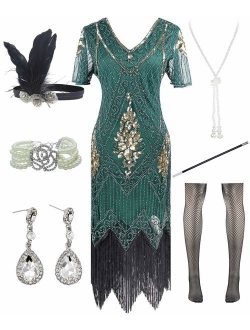 Women Halter V-Neck Sequins Tassel 1920s Flapper Inspired Party Dance Dress with 20s Gatsby Accessories Set