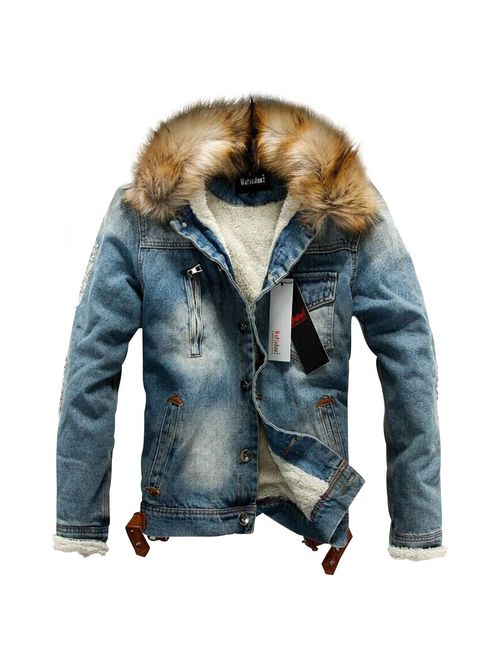 Sun Lorence Men's Winter Fleece Lined Fur Collar Button Down Patch Denim Jacket Coats