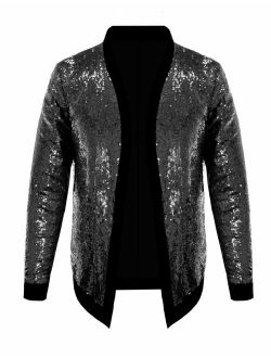 Pacinoble Mens Cardigan All Over Sparkle Sequin Open Front Long Sleeve Jacket with Ribbed Cuffs
