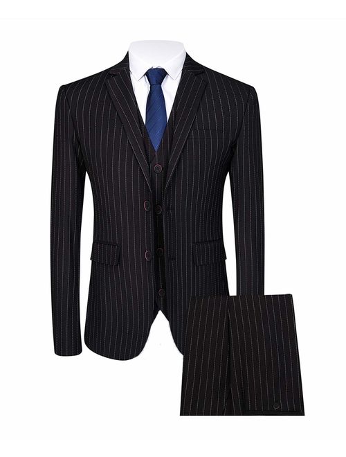 Mens 3 Piece Pinstripe Suit Slim Fit Casual Dress Suits Blazer + Vest + Pants