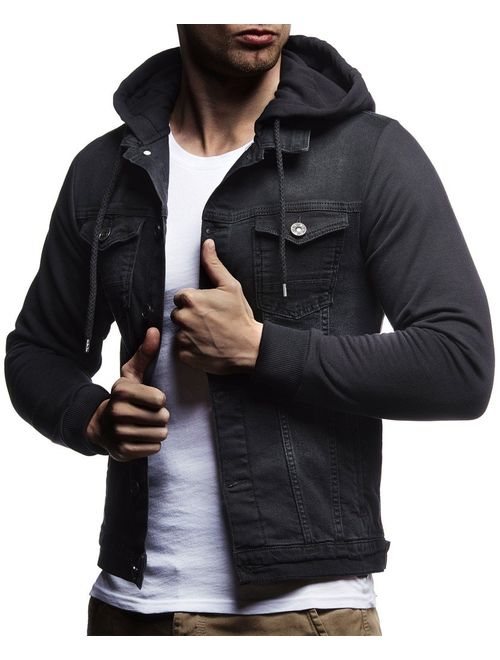 Leif Nelson Men's Sweat Jacket | Vintage Denim Jacket for Men | Slim-Fit Long Sleeve Hooded Denim Jacket