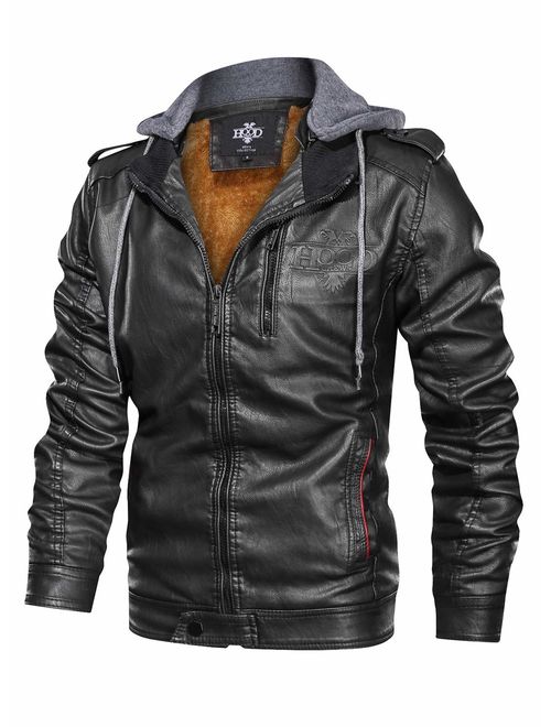 HOOD CREW Men's Black Brown Coffee Stand Collar Warm PU Faux Leather Zip-Up Motorcycle Jacket with a Removable Hood