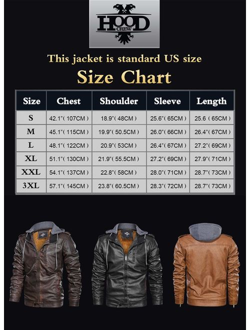 HOOD CREW Men's Black Brown Coffee Stand Collar Warm PU Faux Leather Zip-Up Motorcycle Jacket with a Removable Hood