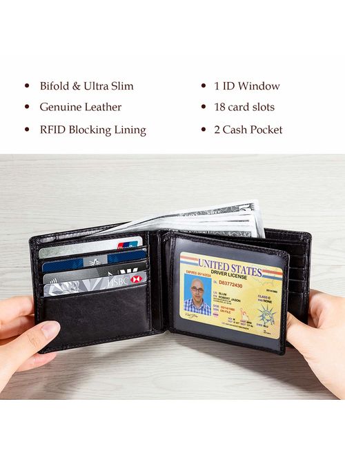 Mens Wallet RFID Genuine Leather Bifold Wallets For Men, ID Window 16 Card Holders Gift Box