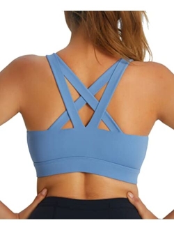 Sports Bra for Women, Criss-Cross Back Padded Strappy Sports Bras Medium Support Yoga Bra with Removable Cups