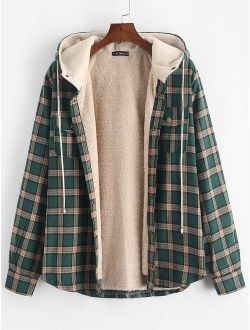 Men's Plaid Flannel Lined Hooded Jacket Long Sleeve Unisex Fuzzy Shirt Coat Tops