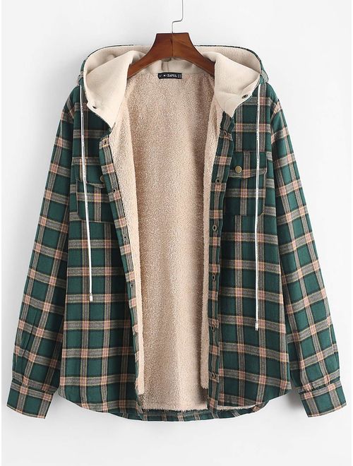ZAFUL Men's Plaid Flannel Lined Hooded Jacket Long Sleeve Unisex Fuzzy Shirt Coat Tops