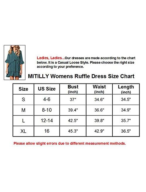 MITILLY Women's V Neck Ruffle Polka Dot Pocket Loose Swing Casual Short T-Shirt Dress