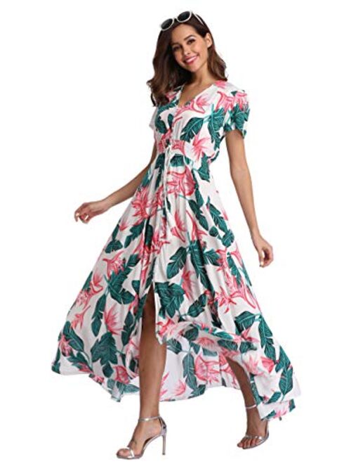 VintageClothing Floral Printed Maxi Boho Button Up Front Slit Beach Party Dresses