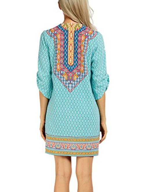 Urban CoCo Women Bohemian Neck Tie Vintage Printed Ethnic Style Summer Shift Dress