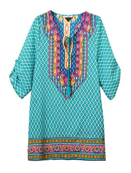 Urban CoCo Women Bohemian Neck Tie Vintage Printed Ethnic Style Summer Shift Dress