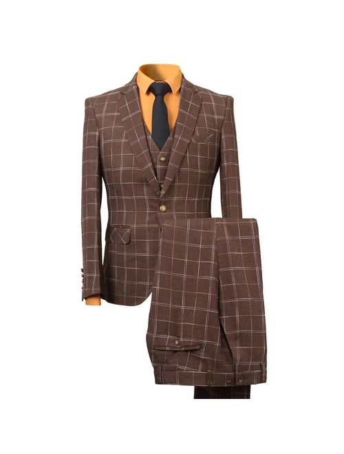 Men's Plaid Tweed 3 Piece Suit Slim Fit One Button Dinner Suit Tuxedo