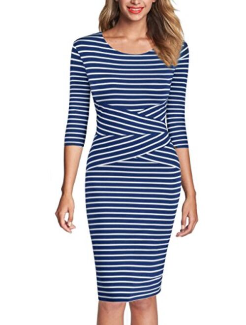 REPHYLLIS Women 3/4 Sleeve Striped Wear to Work Business Cocktail Pencil Dress 