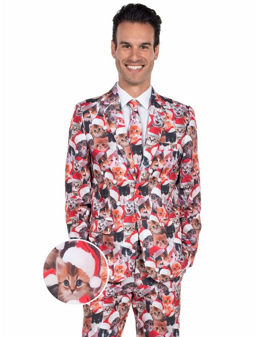Tipsy Elves Men's Christmas Suit Meowy Christmas Blazer+Tie and Pants (Sold Separately)