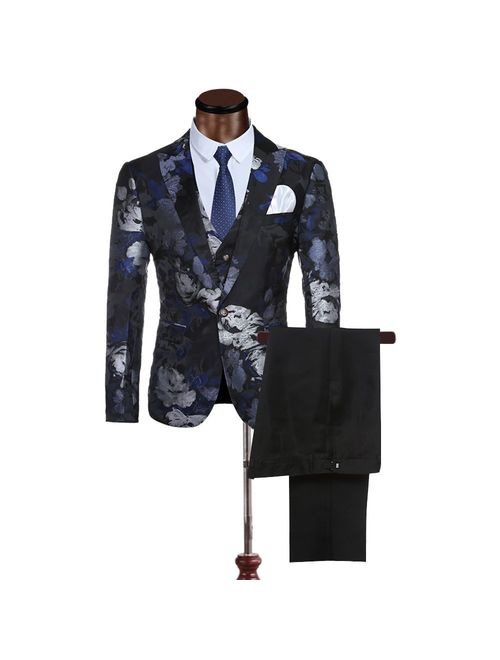 Men's 3-Piece Suit Notched Lapel Floral One Button Modern Blazer Vest Pants Sets