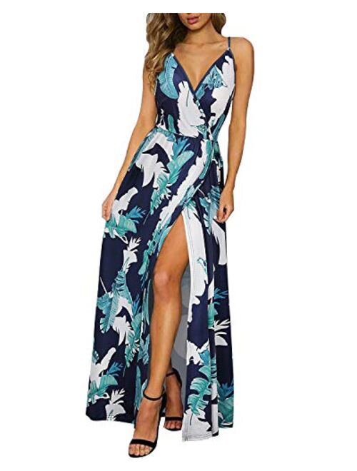 II ININ Floral Deep V-Neck Backless Front High Slit Maxi Dress for Beach Party