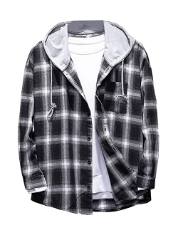 Lavnis Men's Plaid Hooded Shirts Casual Long Sleeve Lightweight Shirt Jackets