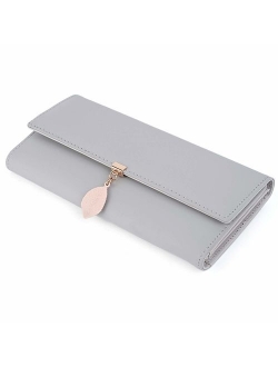 Wallet for Women PU Leather Leaf Pendant Card Holder Phone Checkbook Organizer Zipper Coin Purse