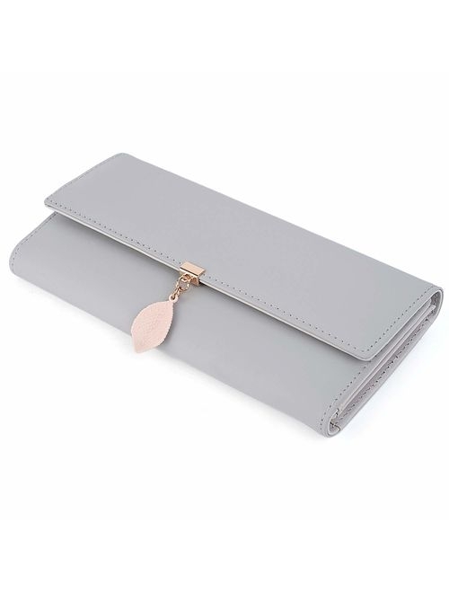 UTO Wallet for Women PU Leather Leaf Pendant Card Holder Phone Checkbook Organizer Zipper Coin Purse