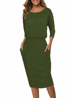 Moyabo Women's 3/4 Sleeve Round Neck Hips-Wrapped Casual Office Pencil Dress